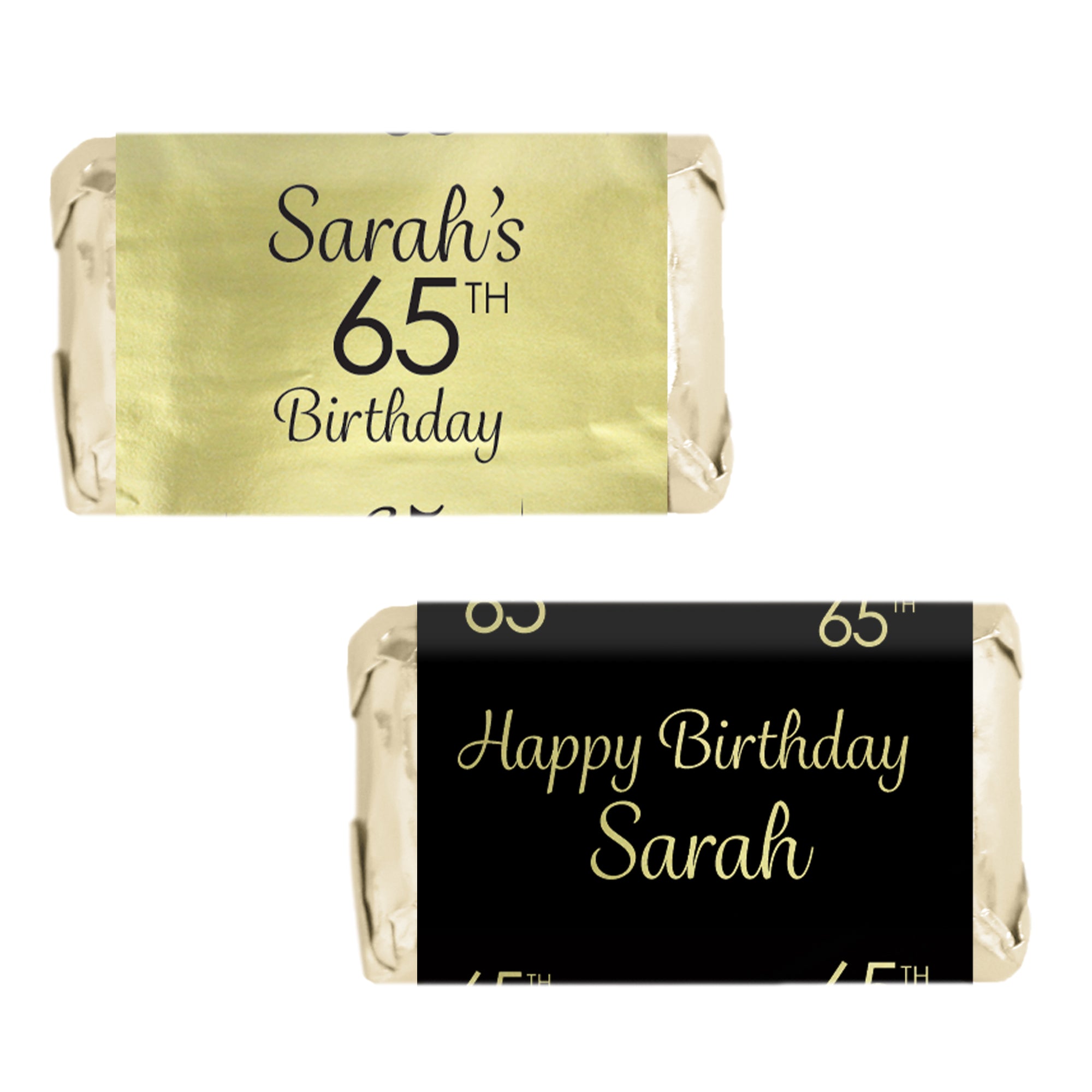 Personalized Black and Gold Birthday Mini Candy Bar Labels - Shiny Foil - 45 Stickers